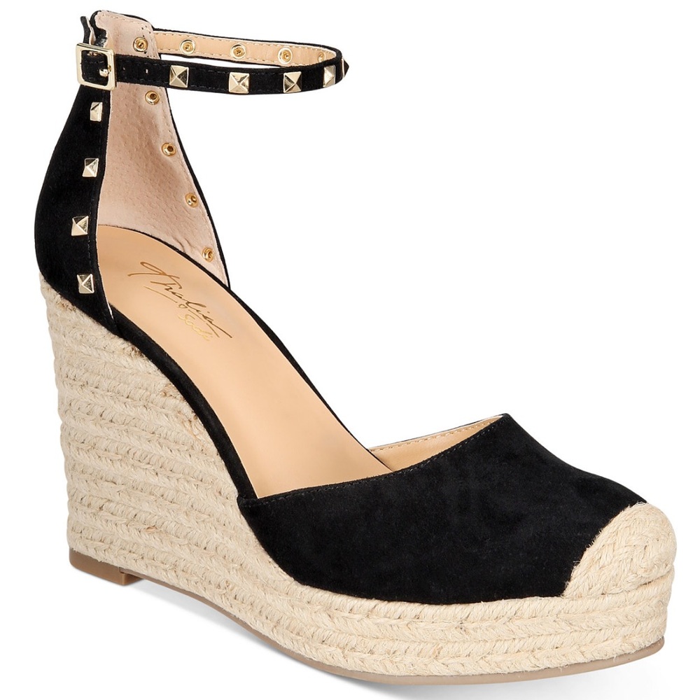 Thalia Sodi Masin Size 9.5 Black Studded Ankle Strap Espadrille Wedges NWT